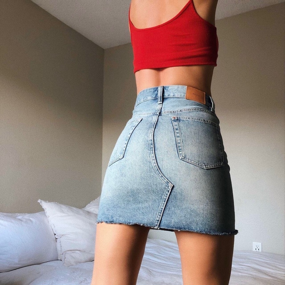 Light Wash High Rise Denim Mini Skirt with button fly
